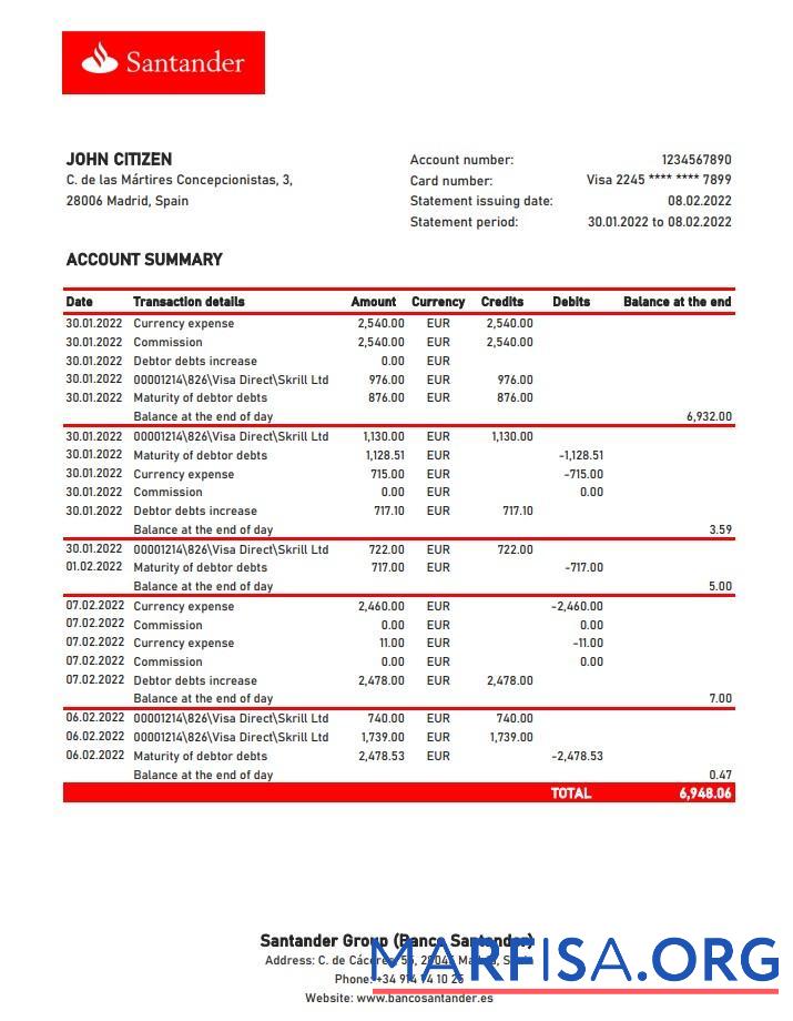 Realistic Spain Santander bank statement excel real example